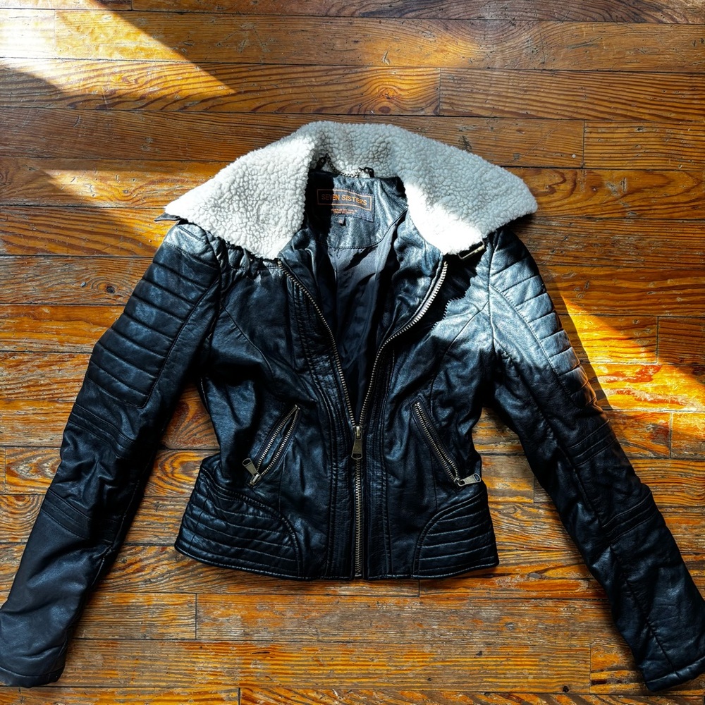 Black Leather Jacket with White Shearling Collar